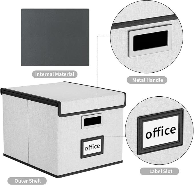 Huolewa File Organizer Box with Lid, Collapsible File Folder Organizer for Office Document Storage, Filing Box with Plastic Slide for Letter/Legal Size Hanging Files, Light Grey
