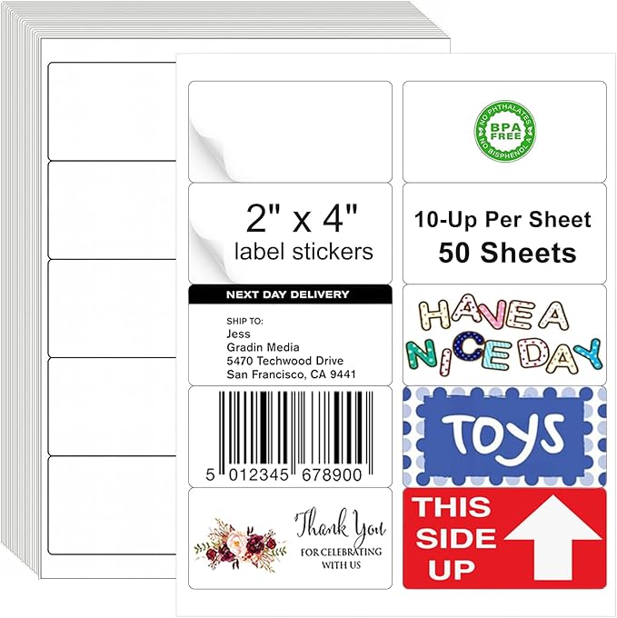 2x4 Shipping Address Labels, 500 Matte Printable Sticker Labels for Mailing Labels, Fragile Stickers, Product Sticker Making, 8.5 x 11 Label Paper for Lase Inkjet Printer, 10 Up Per Sheet, 50 Sheets