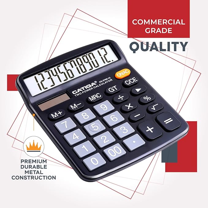 CATIGA 12 Digits Desktop Calculator with Large LCD Display and Sensitive Button, Dual Solar Power and Battery, Standard Function for Office, Home, School, CD-2786