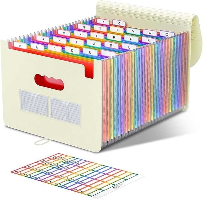 ABC life 26 Pockets Accordian File Organizer Expanding File Folders, Portable Letter A4 Size Filing Box,Plastic Monthly Receipt Document Organizer with Colored Tabs (Beige Color)
