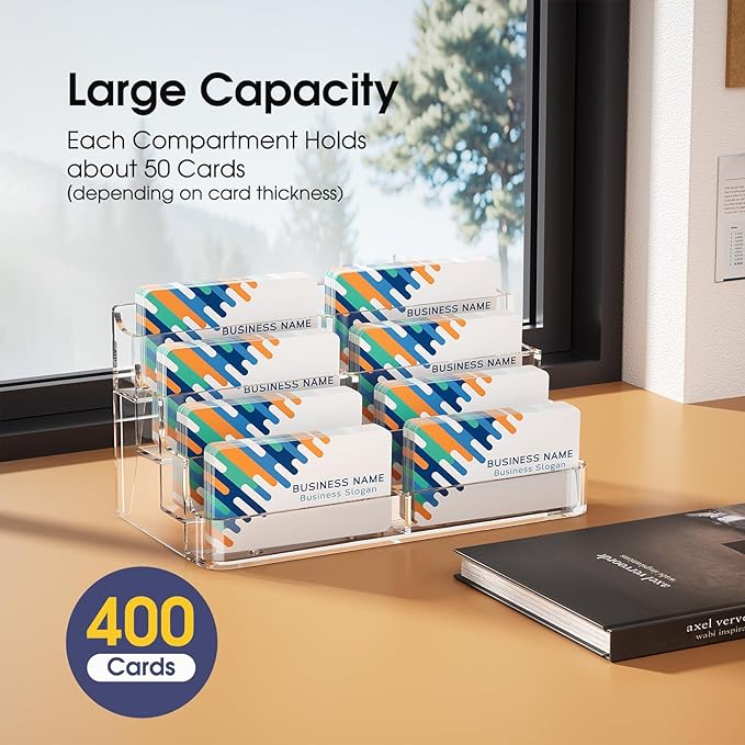 MaxGear Acrylic Business Card Holder for Desk Multiple Business Card Holders, Premium Cards Stand for Workspace, Clear Plastic Display Holder with 4 Tier for Office, 8 Pocket, 400 Cards Capacity