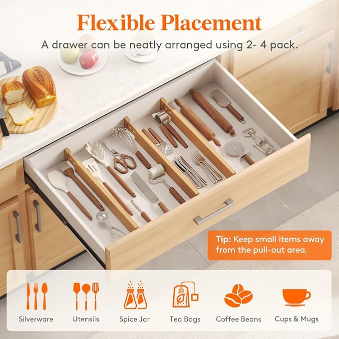 Lifewit 8 Pack Drawer Dividers Bamboo 2.4" High, 16-22" Adjustable Drawer Organizers for Clothes, Wooden Dresser Separators in Bedroom/Bathroom/Kitchen/Fridge/Office Organization and Storage