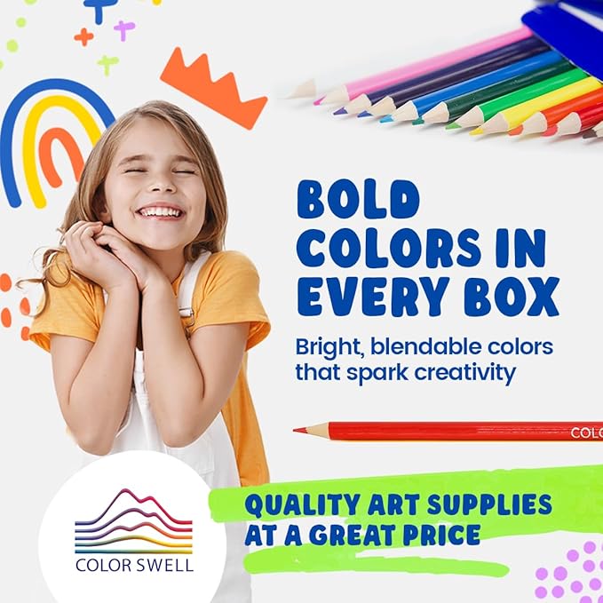 Color Swell Colored Pencil Pack 12 Count Assorted Vibrant Pre-Sharpened Colors Perfect for Kids, Teachers, Classrooms, and All Ages