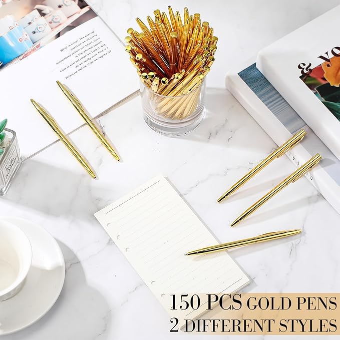 Fuutreo 150 Pack Wedding Gold Pens Bulk Gold Metal Pens Slim Ballpoint Retractable Ballpoint with Black Ink Mini Conical for Wedding Favors Guests, Office Business Teachers,1.0 mm