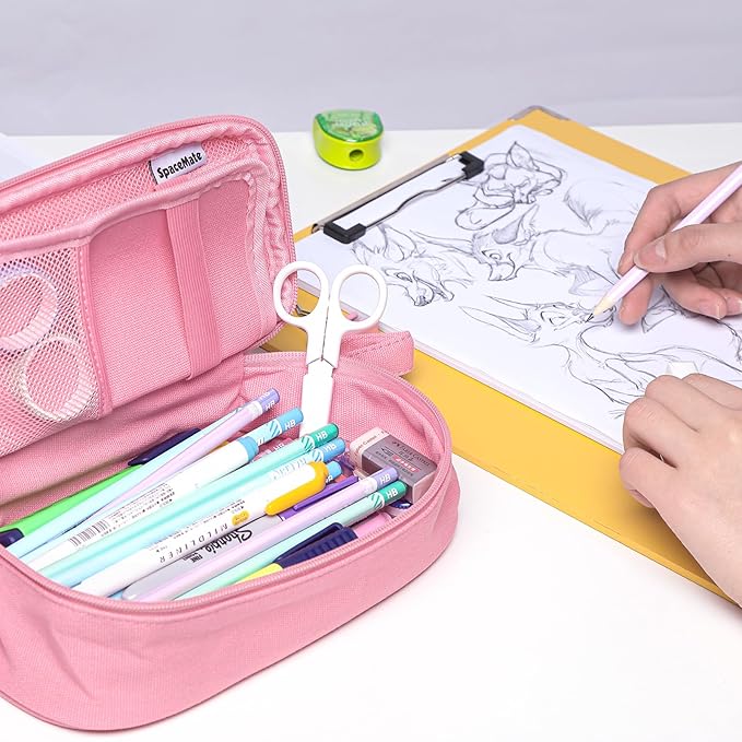 Pencil Case Pouch Box Bag School Supplies Girls Boys Kids, Cute Preppy Stuff Large Big Capacity Aesthetic Pen Organizer, Back to College Stationary, Rosy Pink, Heavy Duty Canvas, 1800ml