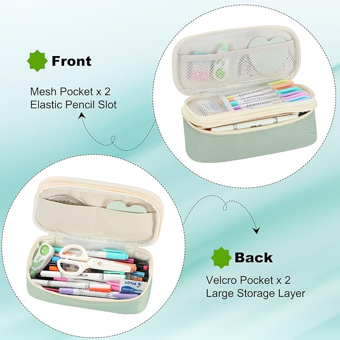 Pencil Case for Girls Kids Teens Adults Big Pencil Bag with Zipper Big Pen Pouch Large Stationery Pen Case Organizer for School Green