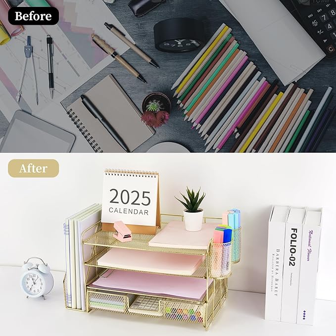 gianotter Desk Organizers and Accessories with File Holder, 4-Tier Desk Accessories & Workspace Organizers with Drawer and 2 Pen Holder, Paper Organizer for Office Supplies(Gold)