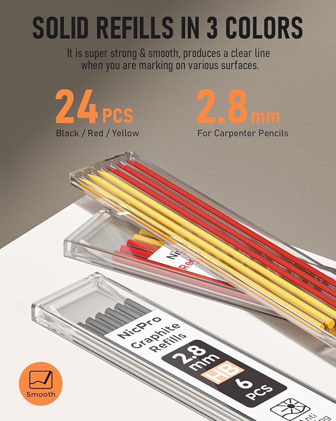 Nicpro Carpenter Pencil with Sharpener, Mechanical Pencils Set with 26 Refills, Deep Hole Marker for Construction, Heavy Duty Woodworking Tools for Architect (Black, Red) - With Case
