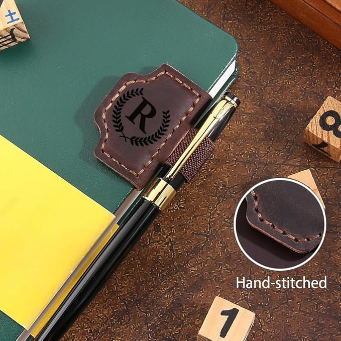 Custom Bookmark with Pen Holder with 26 Letters Personalized Magnetic Leather Book Mark, Customized Name Book Marker Clip with Initial for Men Women, Gifts for Book Lovers, Readers, (Coffee, Z)