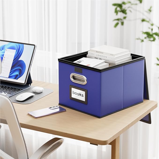 Huolewa Portable Leather File Organizer Boxes with Lids, Collapsible File Folder Organizer Boxes, Decorative Small Filing File Cabinet for Home/Office, Easily Store Documents/Hanging File Folders