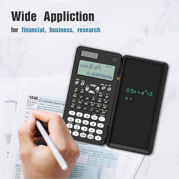Scientific Calculator for Students with Notepad, ROATEE Middle and High School Supplies for Students, 82 MS Foldable 2-Line Display Science Calculator with Writing Tablet, Solar and Battery Powered