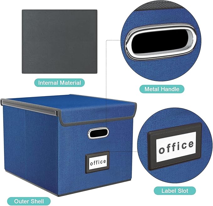 Huolewa Decorative File Organizer Boxes Office Document Storage with Lids, Portable Collapsible Linen Hanging Filing & Storage Boxes for Office/Decor/Home (Royal Blue) -14.9 x 12.7 x 10.8 inch -2 Pack