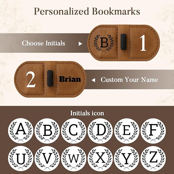 Personalized Bygone Mark Bookmark with Pen Holder,Engraving Leather Magnetic Bookmarks Vintage 26 Letters Name Initials Text Book Marker Clips Gifts for Reading Book Lovers Women (Coffee, W)