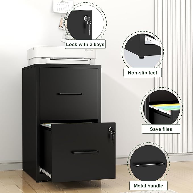 2 Drawer File Cabinet with Lock, Vertical File Cabinet with Lock, Locking File Cabinet Hanging Files for A4/ Legal/Letter,Black