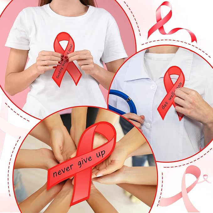 Kosiz 100 Pack Large Red Ribbon Awareness Set 100 Red Ribbon Week Cutouts Drug Free Heart Disease HIV Aids Awareness Items 2 Marker Pens 100 Wooden Clips with Rope for Public Charity Party Supplies