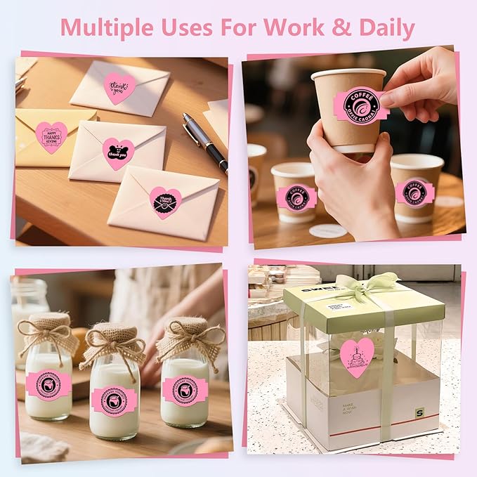 2 Rolls Pink Thermal Labels Personalized & Business Customized Label Stickers for Phomemo 241BT for MUNBYN 130B/RW402B Printers, 600Pcs Waterproof Shipping Label Sheet for Logo/Name/Thanks