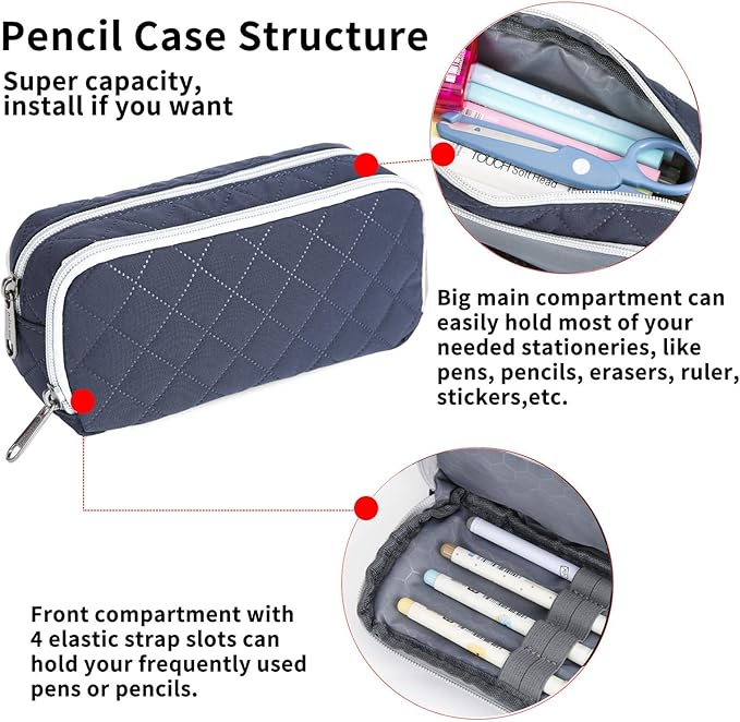 Della Gao Small Pencil Case Large Capacity Pencil Pouch Marker Pen Bag Coin Pouch Office Stationery Organizer (DarkBlue-02RH)
