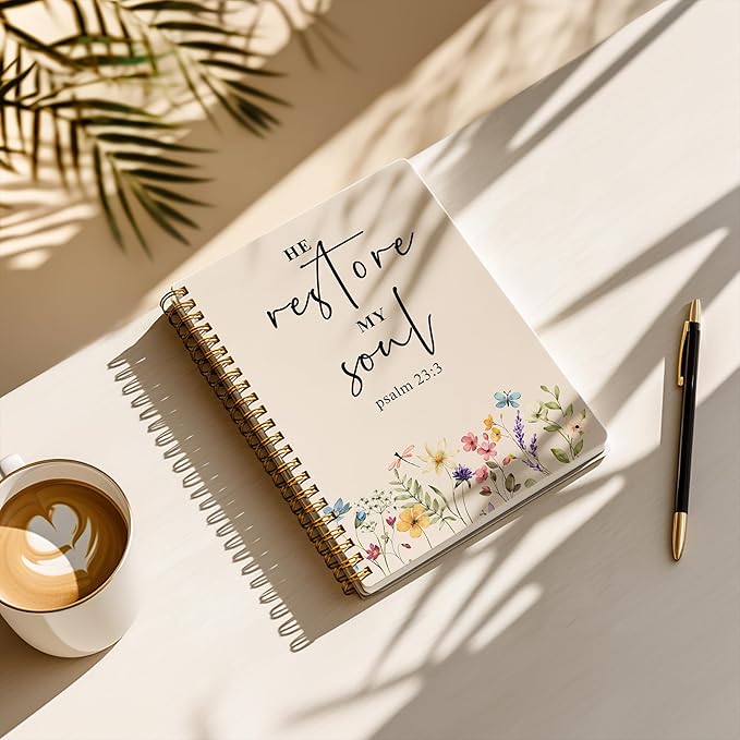 Bible Notebook, A5 Spiral Christian Journal with Floral Pink Butterfly Notebook, Bible Verse-He Restores My Soul, Inspirational Notebooks for Women, Bible Study, Gift for Birthday Christmas