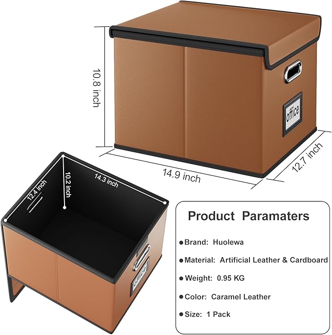 Huolewa Faux Leather File Organizer Box with Lid, Collapsible Hanging File Folder Box Organizer with Plastic Slides, Decorative Home/Office Filing System Boxes for File and Folder Storage