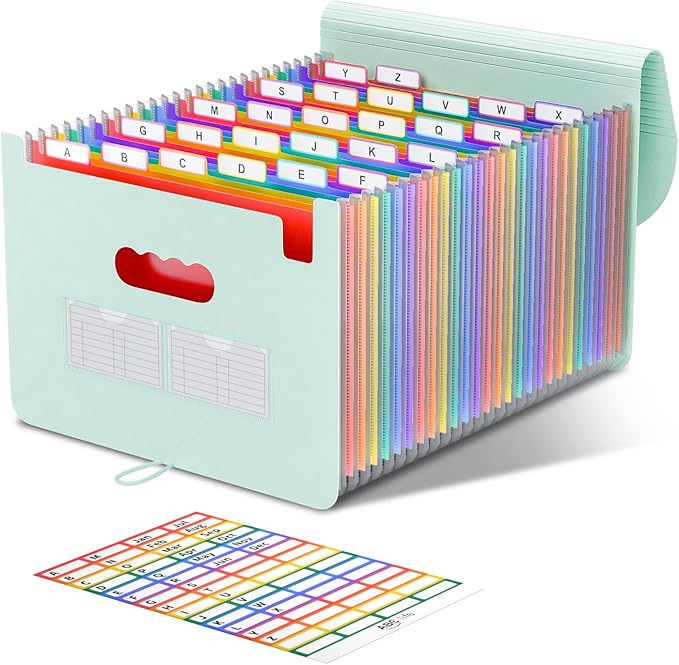 ABC life 26 Pockets Accordian File Organizer Expanding File Folders, Portable Letter A4 Size Filing Box,Plastic Monthly Receipt Document Organizer with Colored Tabs (Sage Green)