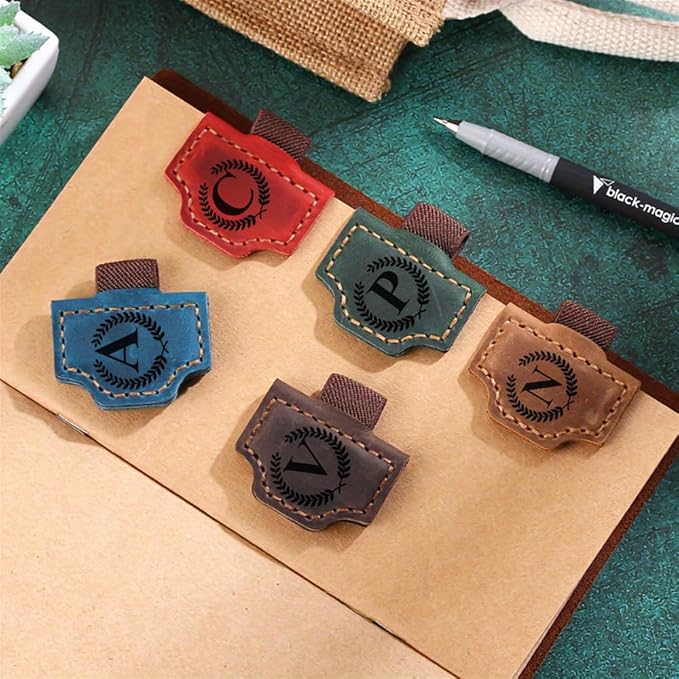 Custom Bookmark with Pen Holder with 26 Letters Personalized Magnetic Leather Book Mark, Customized Name Book Marker Clip with Initial for Men Women, Gifts for Book Lovers, Readers, (Coffee, J)