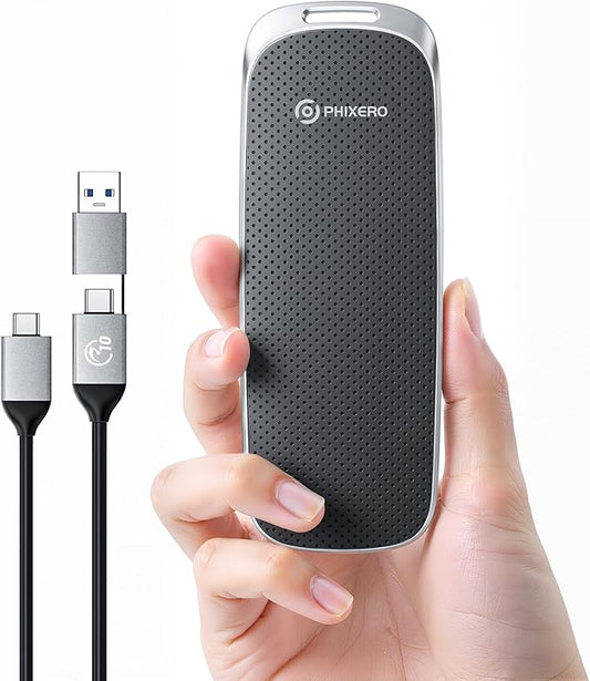 PHIXERO P10PRO External NVMe SSD 2TB, Up to 1050MB/s, USB 3.2 Gen2, Includes 2-in-1 USB C Cable, Portable Hard Drive for iPhone 15+/Android/Windows/Mac, Black