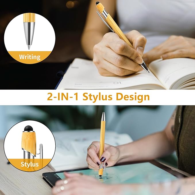 Bamboo Personalized Pens Bulk with Stylus - Custom Logo/Name, 12 Pack Ballpoint Pens - Student & Teacher Bulk Gifts, Corporate Giveaways, Back to School Supplies - Black Ink