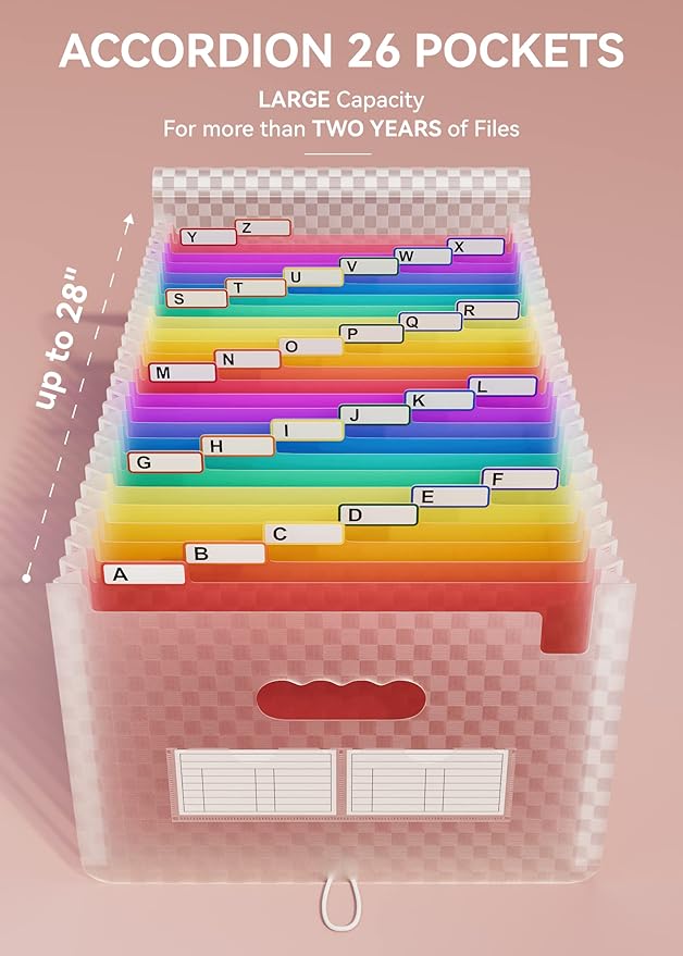 ABC life 26 Pockets Accordian File Folder Organizer Letter Size Expanding File Folder, A4 Portable Document Paper School Organizer, Expandable Multicolor Accordion Filing Folders with Labels(Pink)