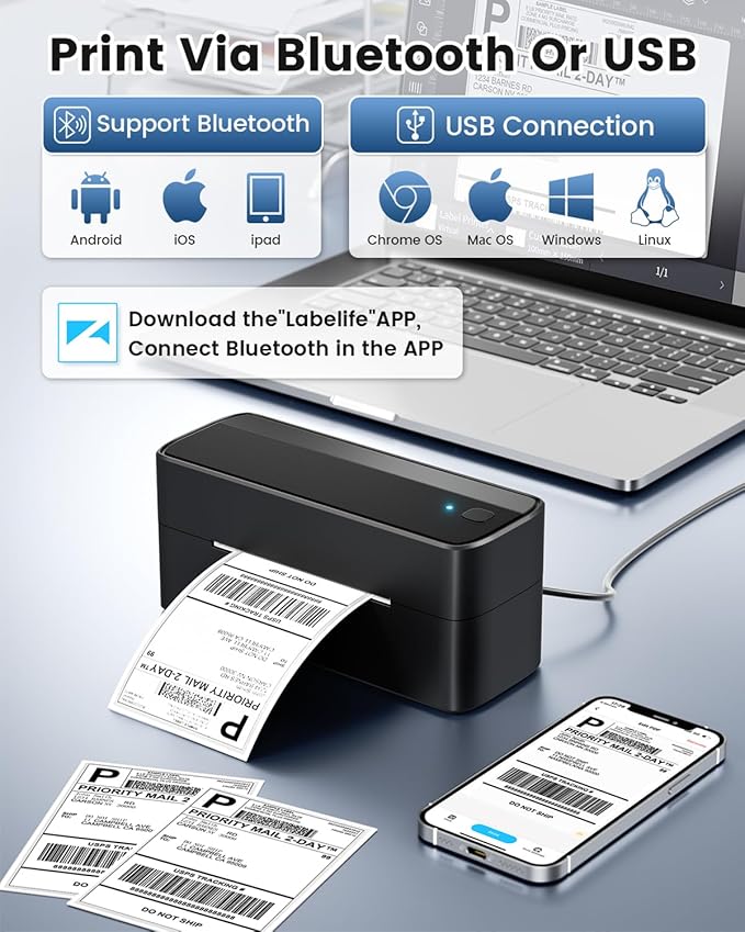Phomemo Shipping Label Printer, 241BT 4X6 Wireless Thermal Label Printer for Small Business, Labels Printers for Shipping Package, Compatible with iPhone, Android, Amazon, Shopify, UPS, Black