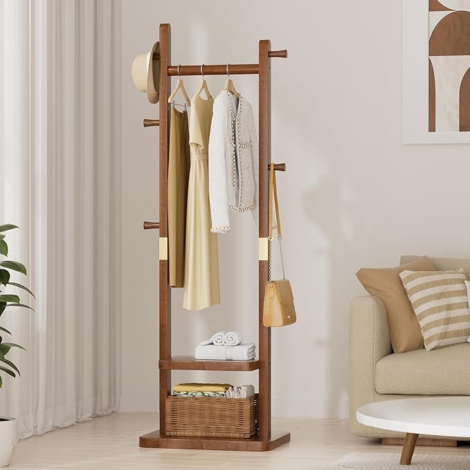 Solid Wood Coat Rack, Coat Rack Freestanding with 2 Shelves and 5 Hooks, Heavy Duty Coat Tree for Entryway，Living room，Coat Hanger Stand for Hats, Bags (Walnut Brown)