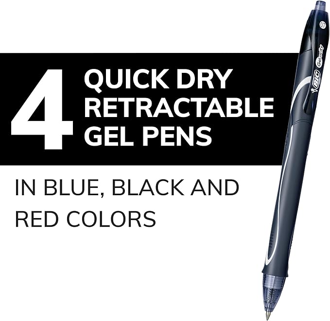 BIC Gelocity Quick Dry Assorted Colors Gel Pens, Medium Point (0.7mm), 4-Count Pack, Retractable Gel Pens With Comfortable Full Grip