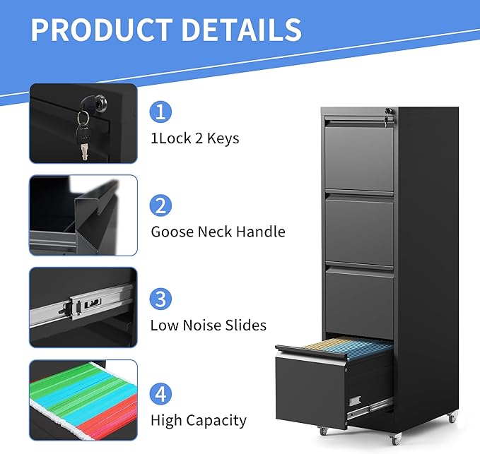4 Drawer Mobile File Cabinet, Filing Cabinet Home Office for Letter, Legal Size, Black