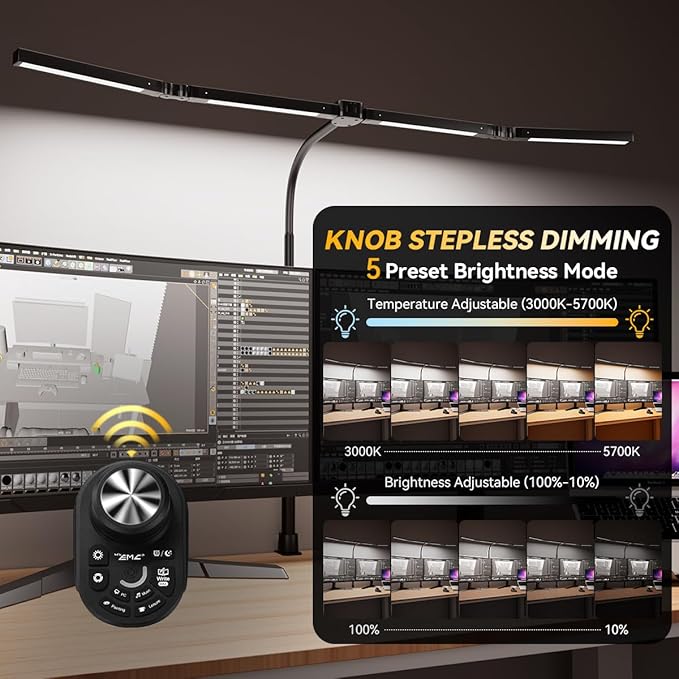 Adjustable LED Desk Lamp – Stepless Dimming & Color Temp Remote Control, Eye-Caring 4 Large Bright Light Souce for Home Office, Gooseneck, Clamp Base, 5 Lighting Modes for Reading, Computer, DIY