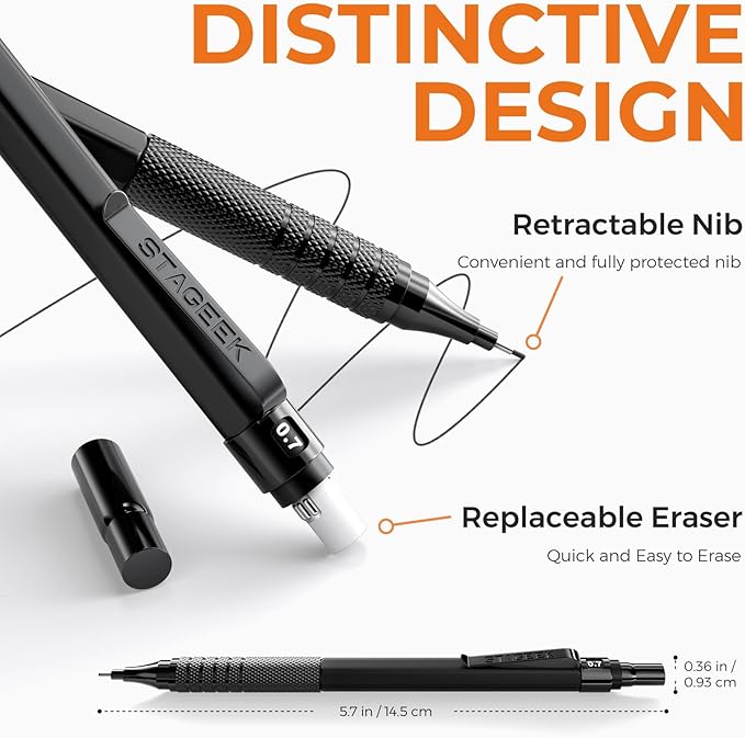 35PCS Black Art Mechanical Pencil Set in Case，0.5 0.7 0.9 2.0 Graphite Metal Drawing Drafting Pencils, Sharpener Erasers 384PCS Lead Refills (6B 4B 2B HB 2H 4H Colors) for Writing Sketching