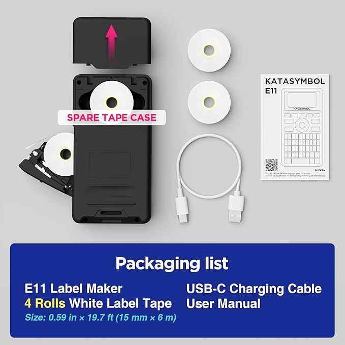 SUPVAN E11 Bluetooth Label Maker Machine with 4 Tapes, Support Keyboard & App with 40 Fonts and 450+ Icons, Rechargeable Inkless Labeler for Home, Kitchen, Office, School Organization, Black