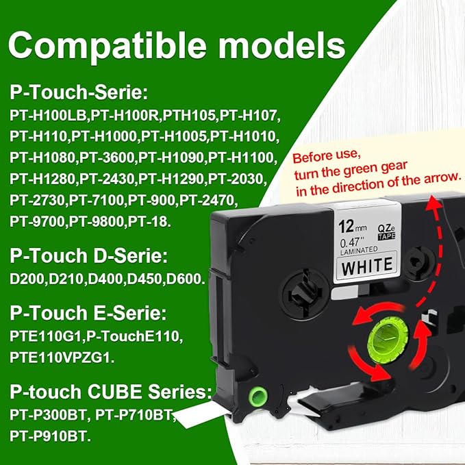 Label Tape Compatible with Brother Tze-231, 12mm 0.47" Black on White Laminated Tape for P-Touch Label Maker PT-D210 D220 H110 D410 P710BT H111 1070, 10 Pack