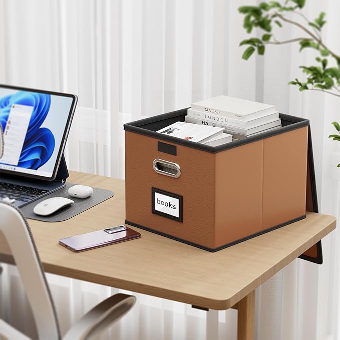 Huolewa Portable Leather File Organizer Boxes with Lids, Office Document Boxes Organizer, Filing Boxes, Decorative Small File Boxes for Hanging Files with Plastic Slide for Office/Decor/Home
