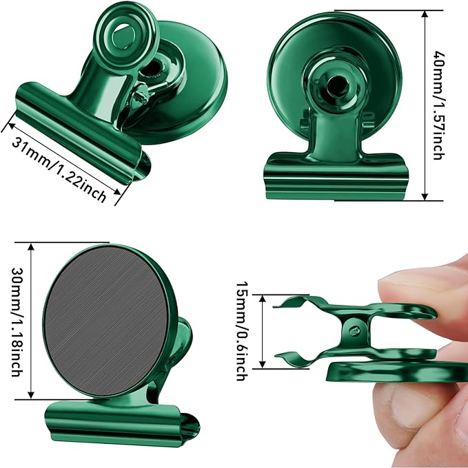 FINDMAG 12 Pack Magnetic Clips for Picture Hanging and Photo Display, Heavy Duty Scratch-Free Magnets for Refrigerator, Whiteboard, Fridge, Kitchen, Office, School, Classroom, Green.