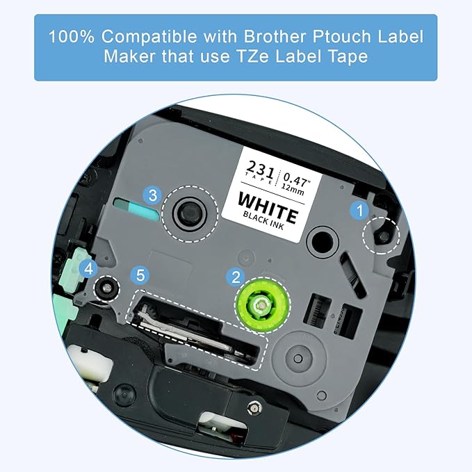 Absonic 20-Pack 12mm 0.47" Black on White Label Tape Compatible for Brother P Touch Tze-231 Tz-231 Laminated Tze Tz 1/2" Refill for Ptouch PTD220 PTD210 PTD400 PTD600 PTD610BT Label Maker