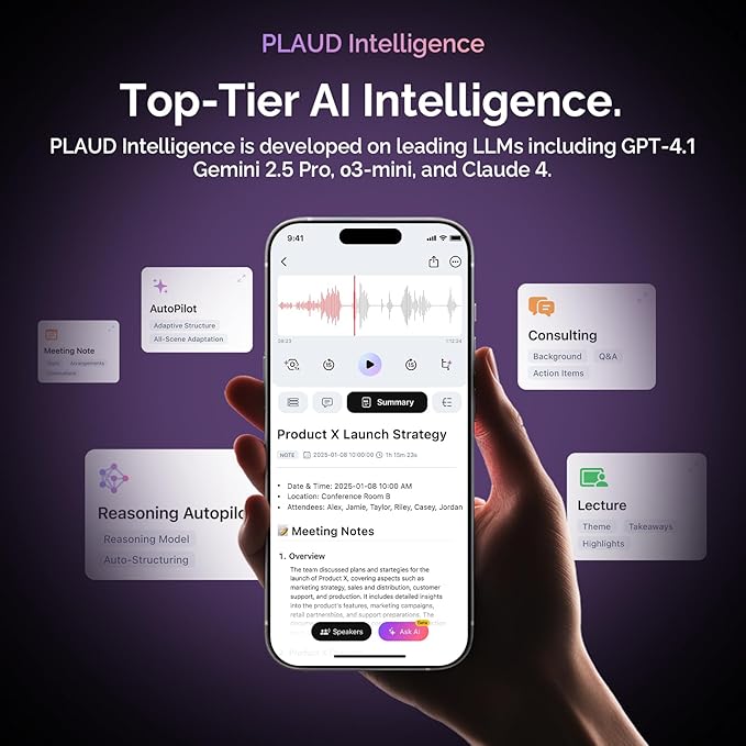 NotePin Voice Recorder, AI Voice Recorder, App Control, AI Notetaker, AI Transcribe & Summarize, Support 112 Languages, 64GB Memory, Audio Recorder for Lectures, Meetings, Lunar Silver