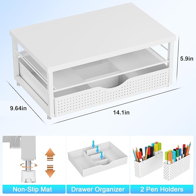 gianotter Wood Monitor Stand Riser, Office Desk Shelf Organizer, Desk Organizer with Drawer and Pen Holder, 2-Tier Computer Stand, Office Organization (Matte White)