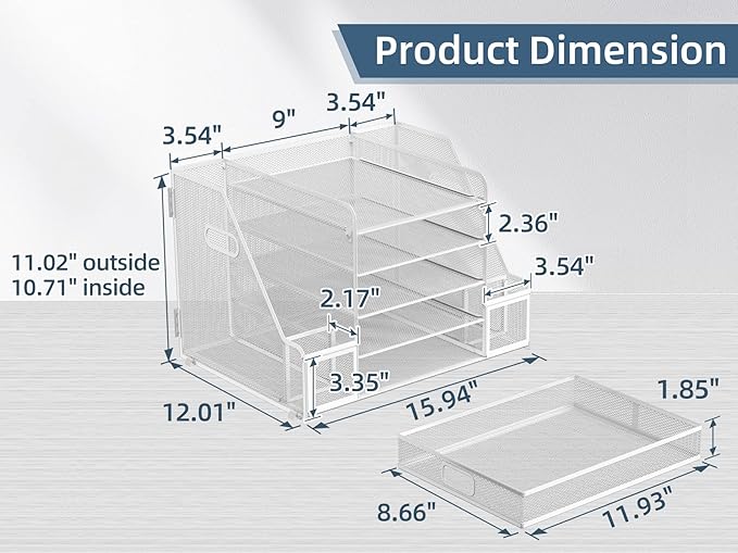 SUPEASY Mesh Desk Organizer with File Holder, 5-Tier Paper Letter Tray Organizer with Magazine Holder, Desktop Organizer and Storage with Drawer for Office Supplies Home or School, White