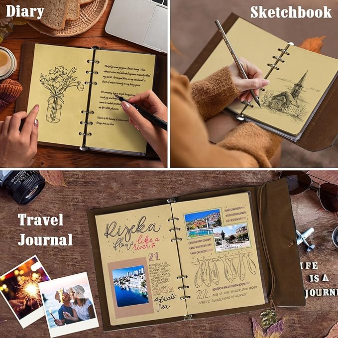 OMEYA PU Leather Journals Notebooks with Blank Pages, Vintage Refillable Journal for Writing, Travel Diary Art Sketchbook to Write in, Gifts for Women, Men, Teen Girls and Boys, 160 Pages (Brown, A5)