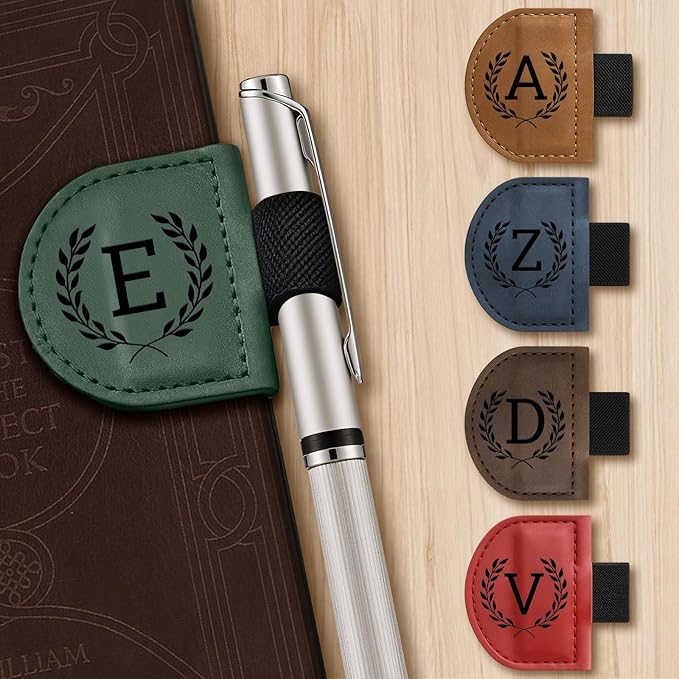 Personalized Bygone Mark Bookmark with Pen Holder,Engraving Leather Magnetic Bookmarks Vintage 26 Letters Name Initials Text Book Marker Clips Gifts for Reading Book Lovers Women (Blue, U)