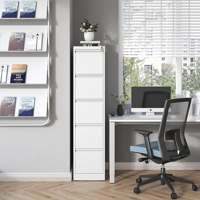 5 Drawer File Cabinet with Lock,Metal Vertical Filing Cabinets for Home Office,Heavy Duty File Storage Cabinet for Letter/Legal/A4/F4 Size File,Assembly Require (White, Vertical 5 Drawer)