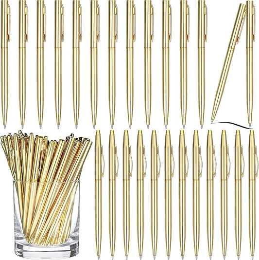 Fuutreo 25 Pack Wedding Gold Pens Bulk Gold Metal Pens Slim Ballpoint Retractable Ballpoint with Black Ink Mini Conical for Wedding Favors Guests, Office Business Teachers,1.0 mm