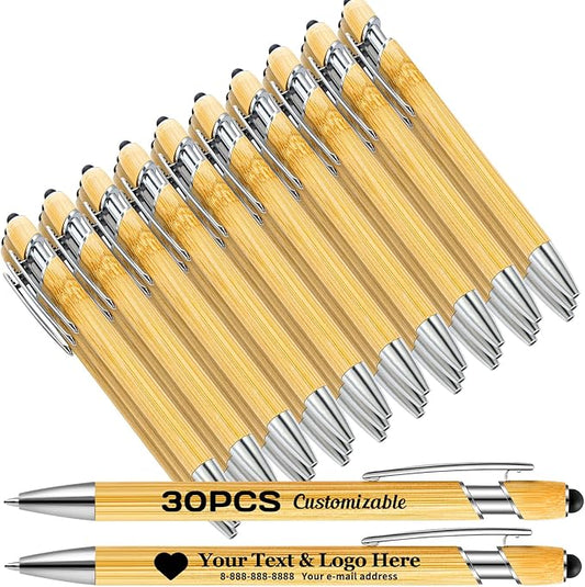 Personalized Pen Bamboo Pen with Stylus -Customizable Text Logo Name, Ballpoint Pens with Black Ink, Personalized Gift Ideas for Office School Business Home(30 Count/Pack)