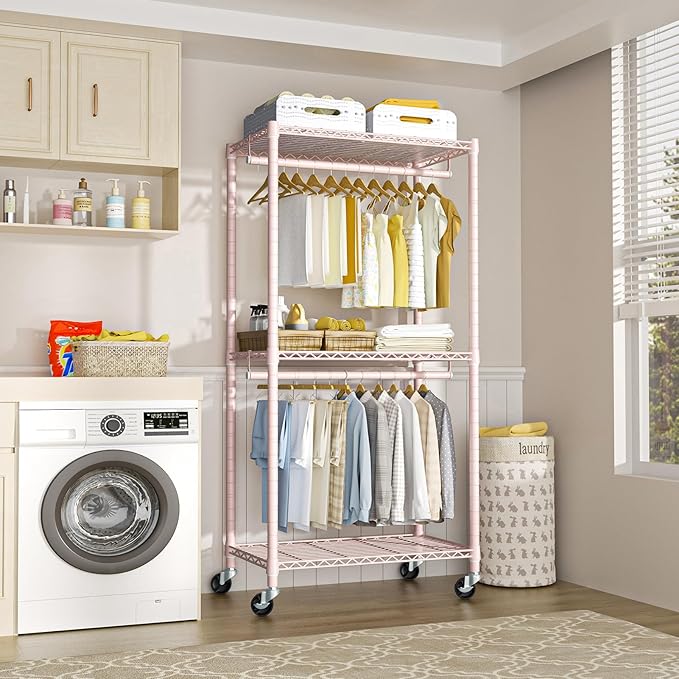 P1 Medium Heavy-Duty Portable Closet, 30" W x 14" D x 76" H, Metal Rolling Clothing Rack, Pink
