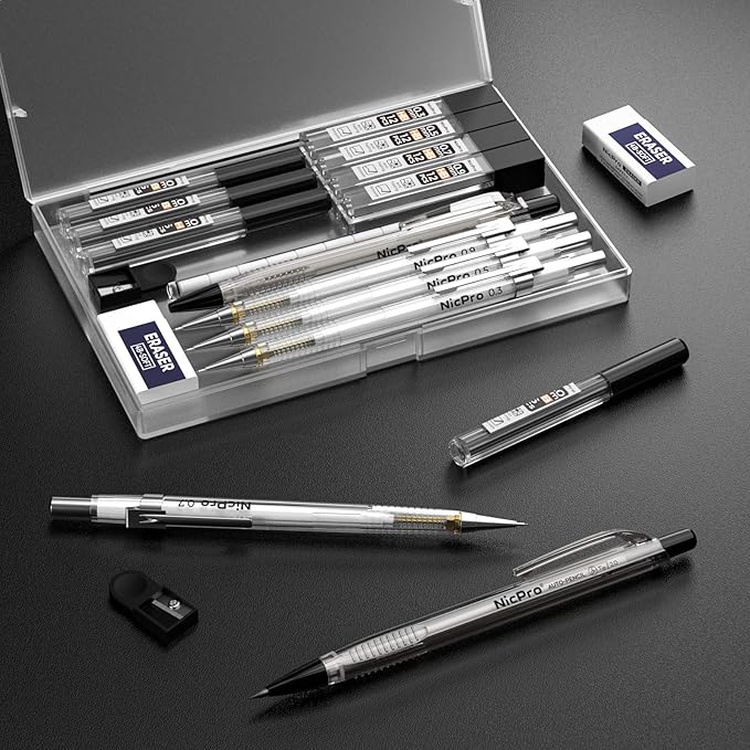 Nicpro 6PCS Art Mechanical Pencil Set, 4PCS Drafting Pencils 0.3 & 0.5 & 0.7 & 0.9 mm & 2PCS 2mm Lead Holder (4B 2B HB 2H) For Writing, Sketching Drawing With 12 Tube Lead Refills Erasers Case