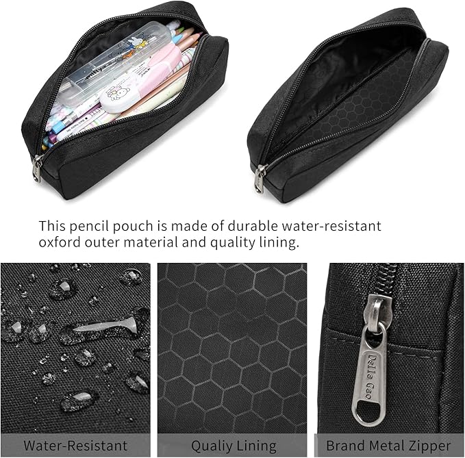 Della Gao Small Pencil Case Large Capacity Pencil Pouch Marker Pen Bag Coin Pouch Office Stationery Organizer (Balck)